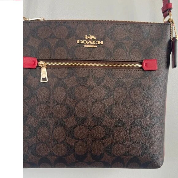 Coach Rowan File Signature 2 way bag Brown/Red Trim/ EUC - Picture 1 of 17